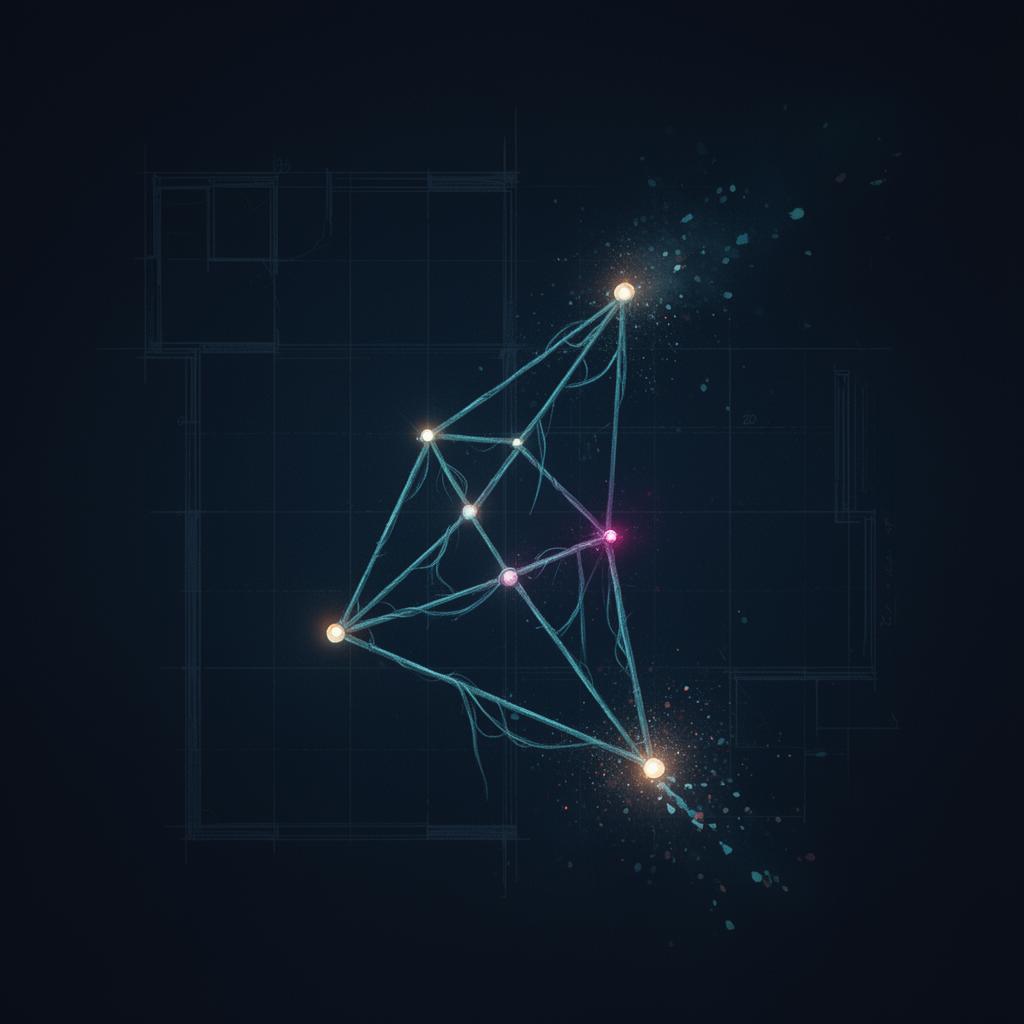 Abstract constellation of fragile, fraying connections — an operating model held together by memory